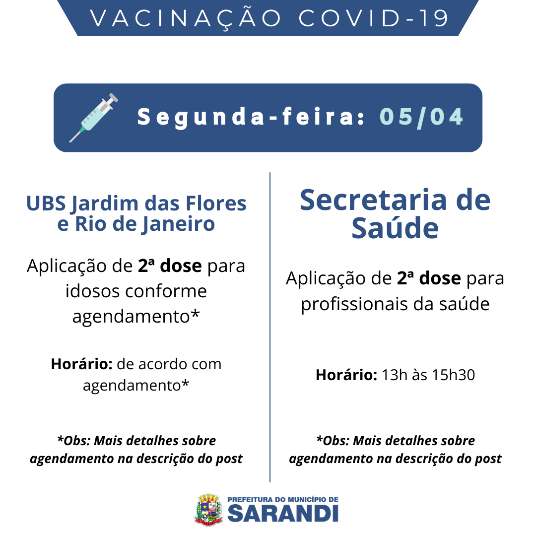 Cronograma de Vacinação contra Covid-19 - segunda-feira - 05/04/2021